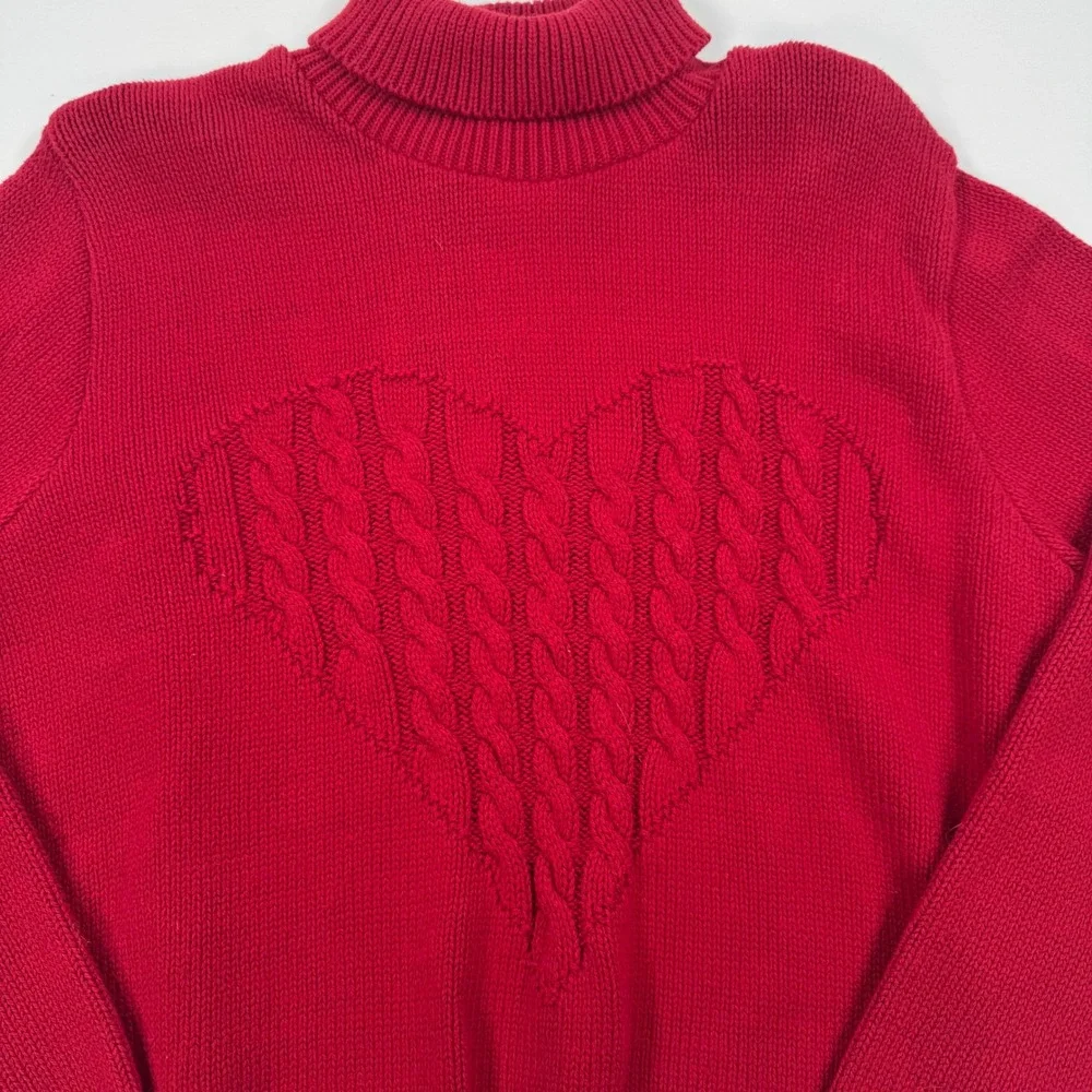 Coldwater Creek Red Heart Cable Knit Turtleneck Sweater Womens Medium Cotton USA